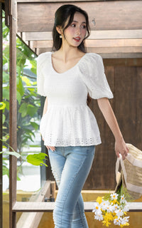 Itzel Bubble Sleeves Eyelet Top in White