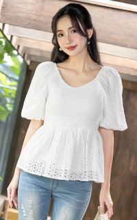 Itzel Bubble Sleeves Eyelet Top in White