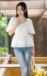 Itzel Bubble Sleeves Eyelet Top in White