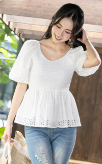 Itzel Bubble Sleeves Eyelet Top in White