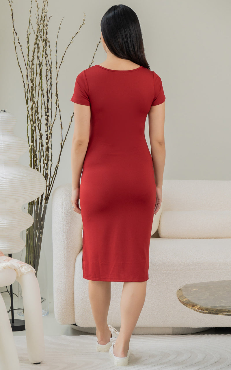 Nayla Ribbed Nursing Dress in Dark Red