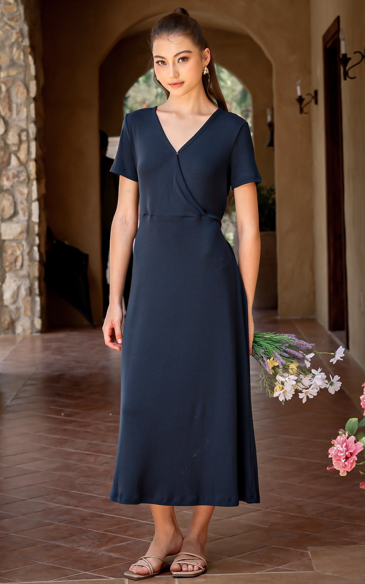 Azalea Knitted Tiered Nursing Dress in Navy