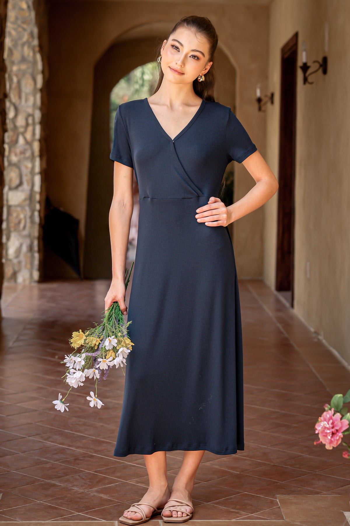 Azalea Knitted Tiered Nursing Dress in Navy