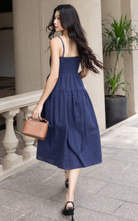 Laila Eyelet Padded Dress in Navy