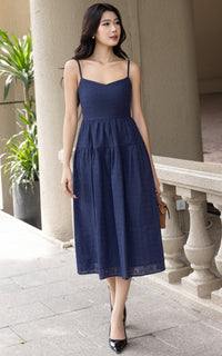 Laila Eyelet Padded Dress in Navy
