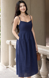 Laila Eyelet Padded Dress in Navy