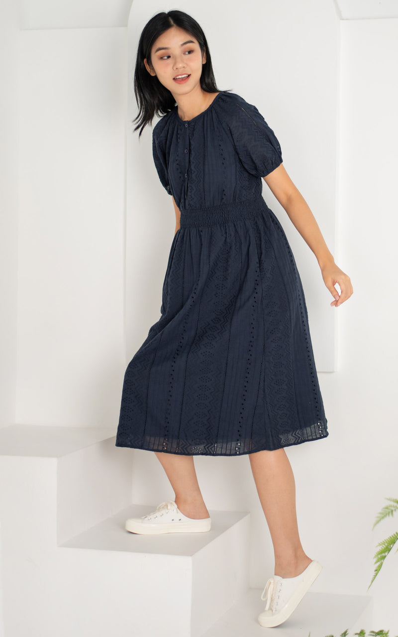 Leilani Eyelet Nursing Dress in Navy