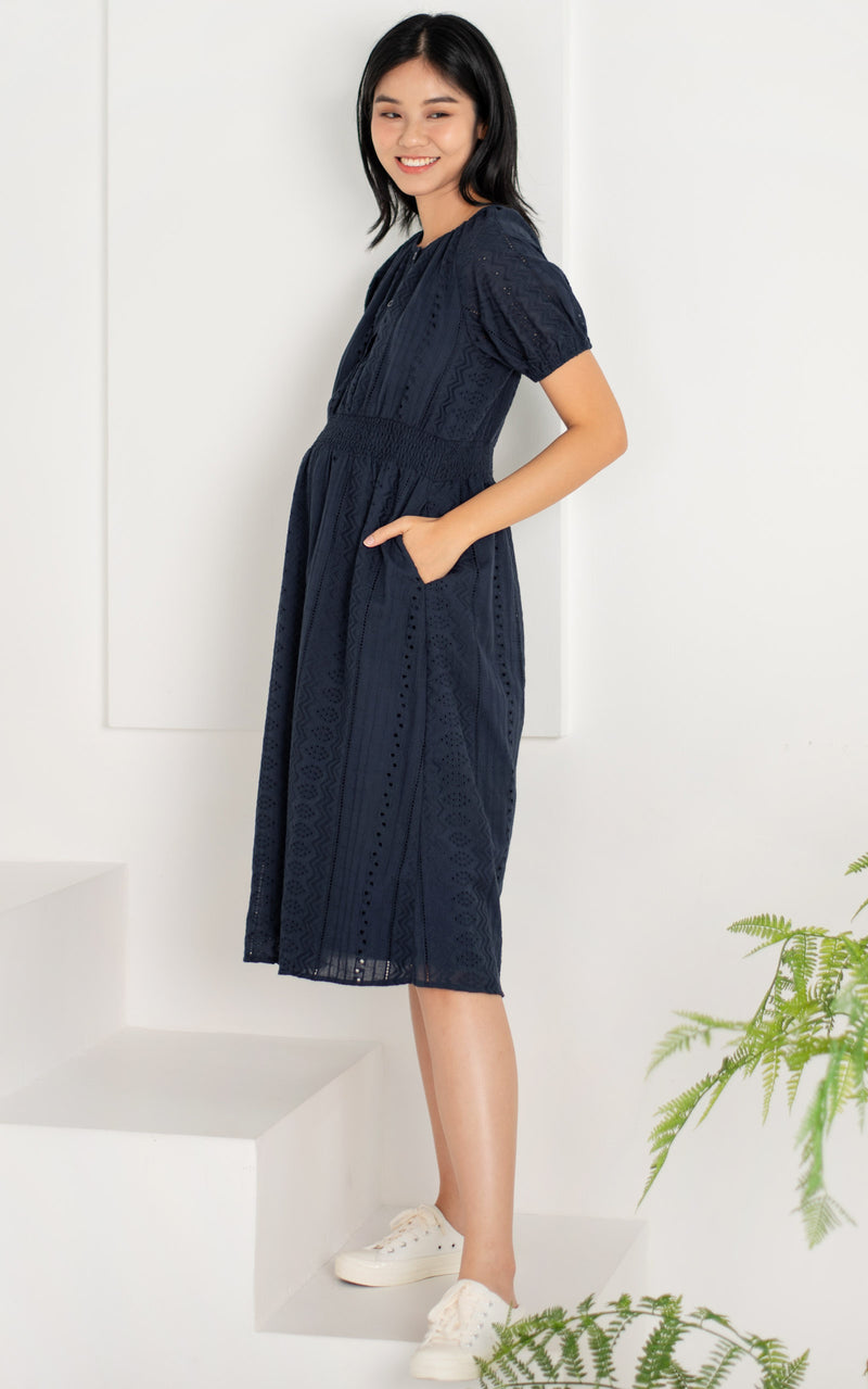 Leilani Eyelet Nursing Dress in Navy