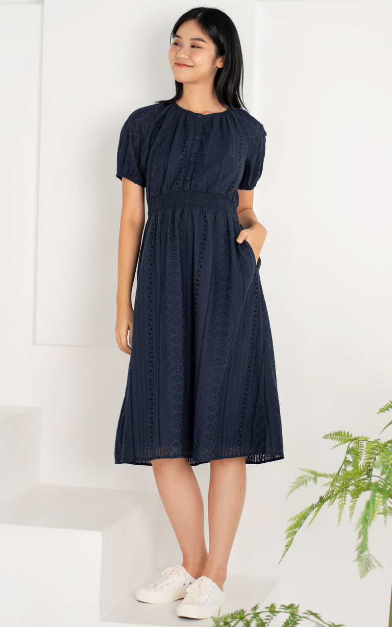 Leilani Eyelet Nursing Dress in Navy