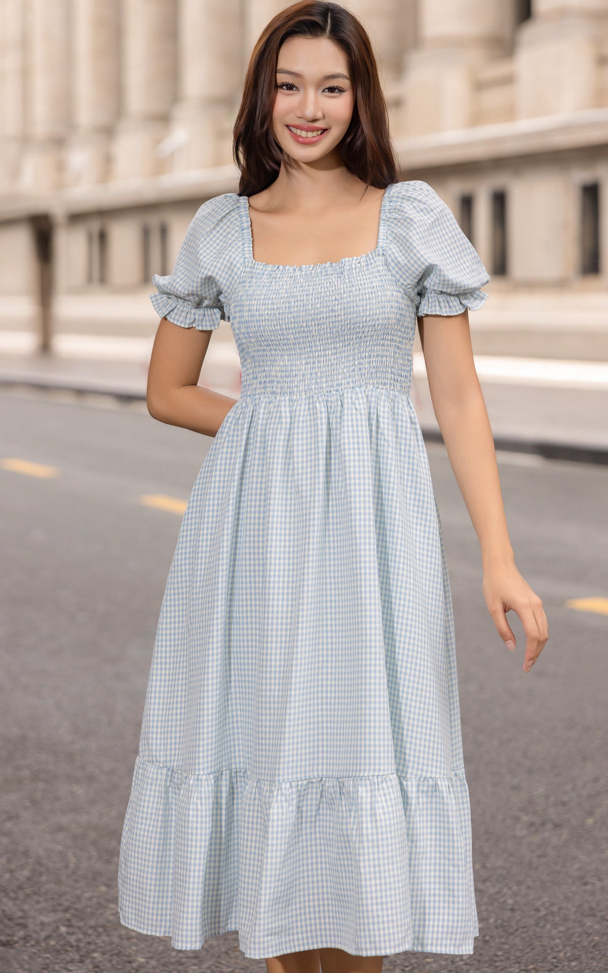 Rebecca Checkered Nursing Dress in Light Blue