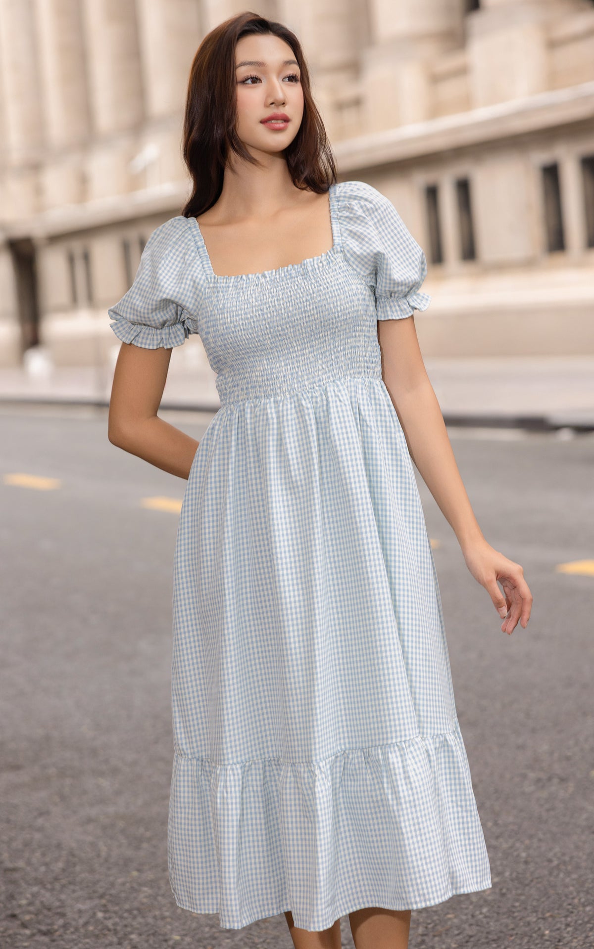 Rebecca Checkered Nursing Dress in Light Blue
