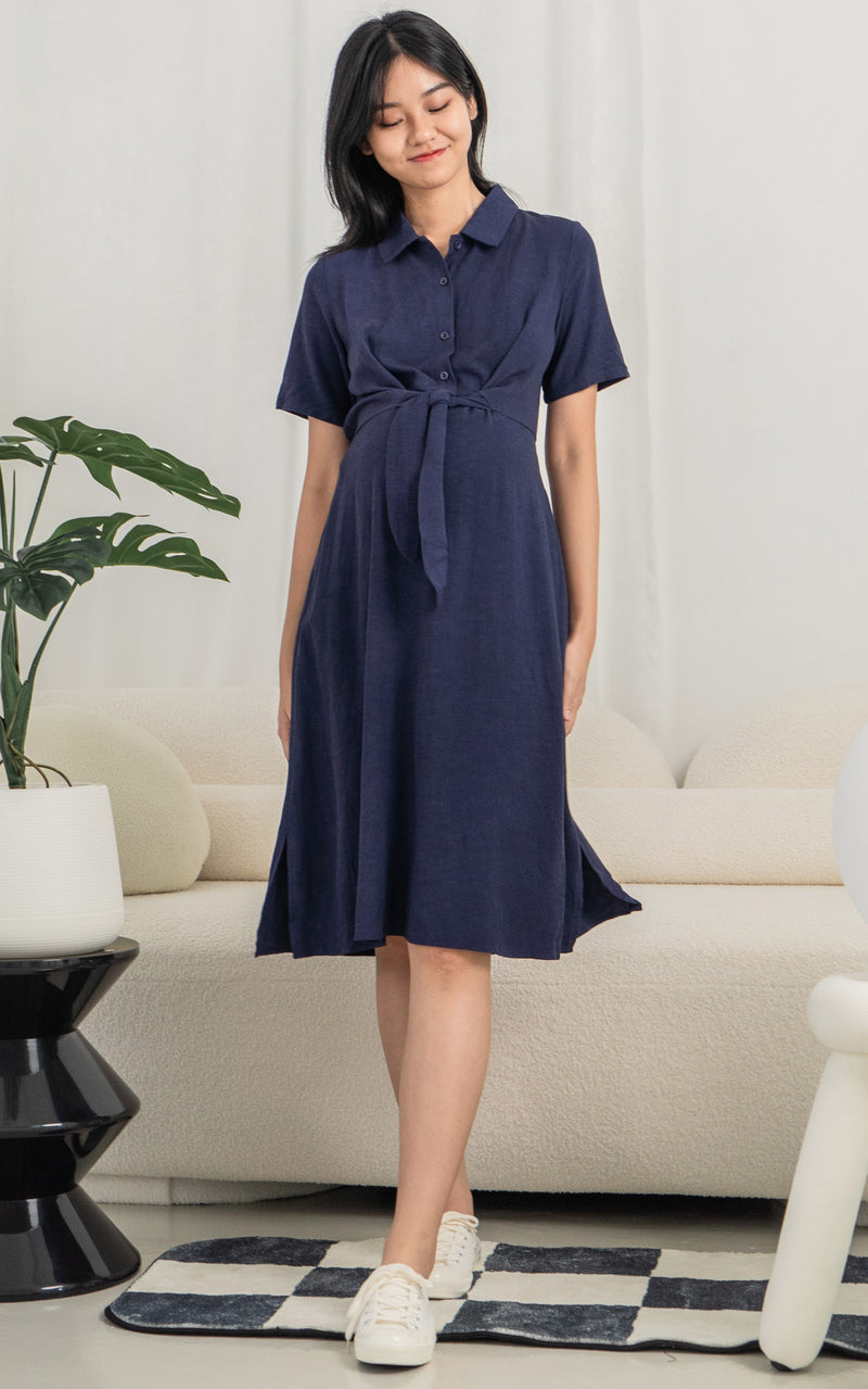 Sophie Linen Nursing Dress in Navy