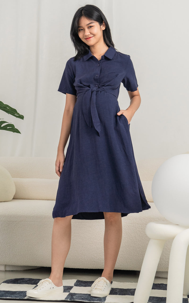 Sophie Linen Nursing Dress in Navy