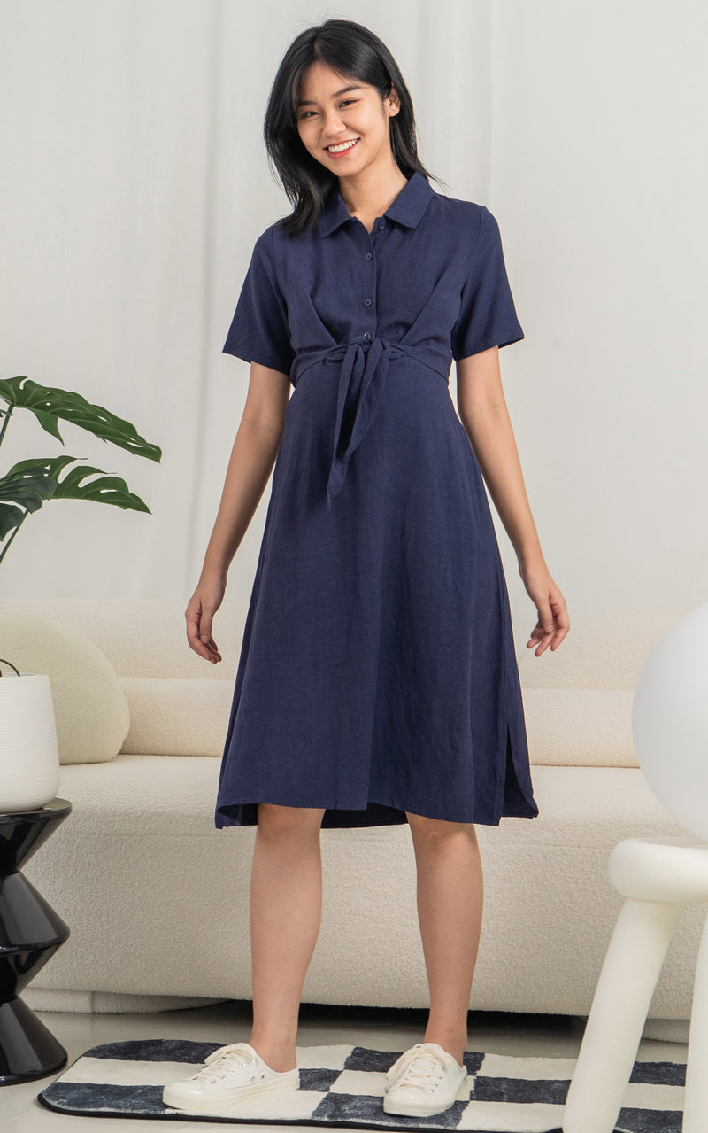 Sophie Linen Nursing Dress in Navy