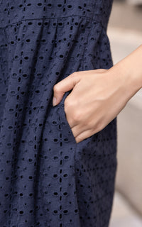 Sunny Eyelet Sleeved Dress in Navy