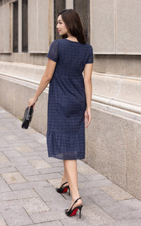 Sunny Eyelet Sleeved Dress in Navy
