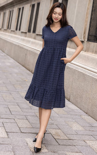Sunny Eyelet Sleeved Dress in Navy