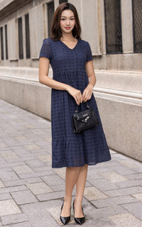 Sunny Eyelet Sleeved Dress in Navy