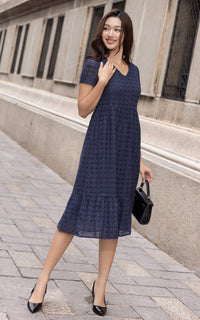 Sunny Eyelet Sleeved Dress in Navy