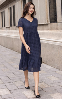 Sunny Eyelet Sleeved Dress in Navy