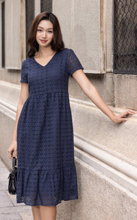 Sunny Eyelet Sleeved Dress in Navy