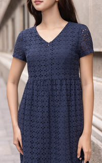 Sunny Eyelet Sleeved Dress in Navy