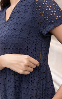Sunny Eyelet Sleeved Dress in Navy