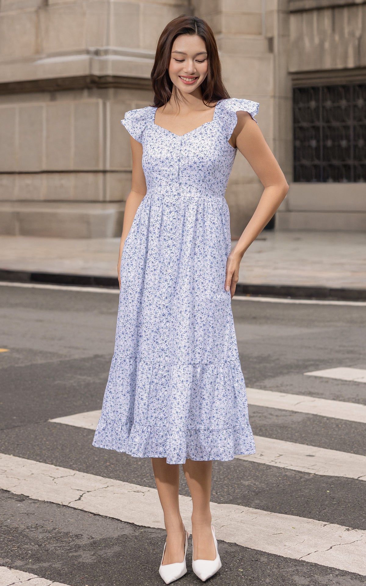 Valene Floral Flutter Sleeves Dress in Blue