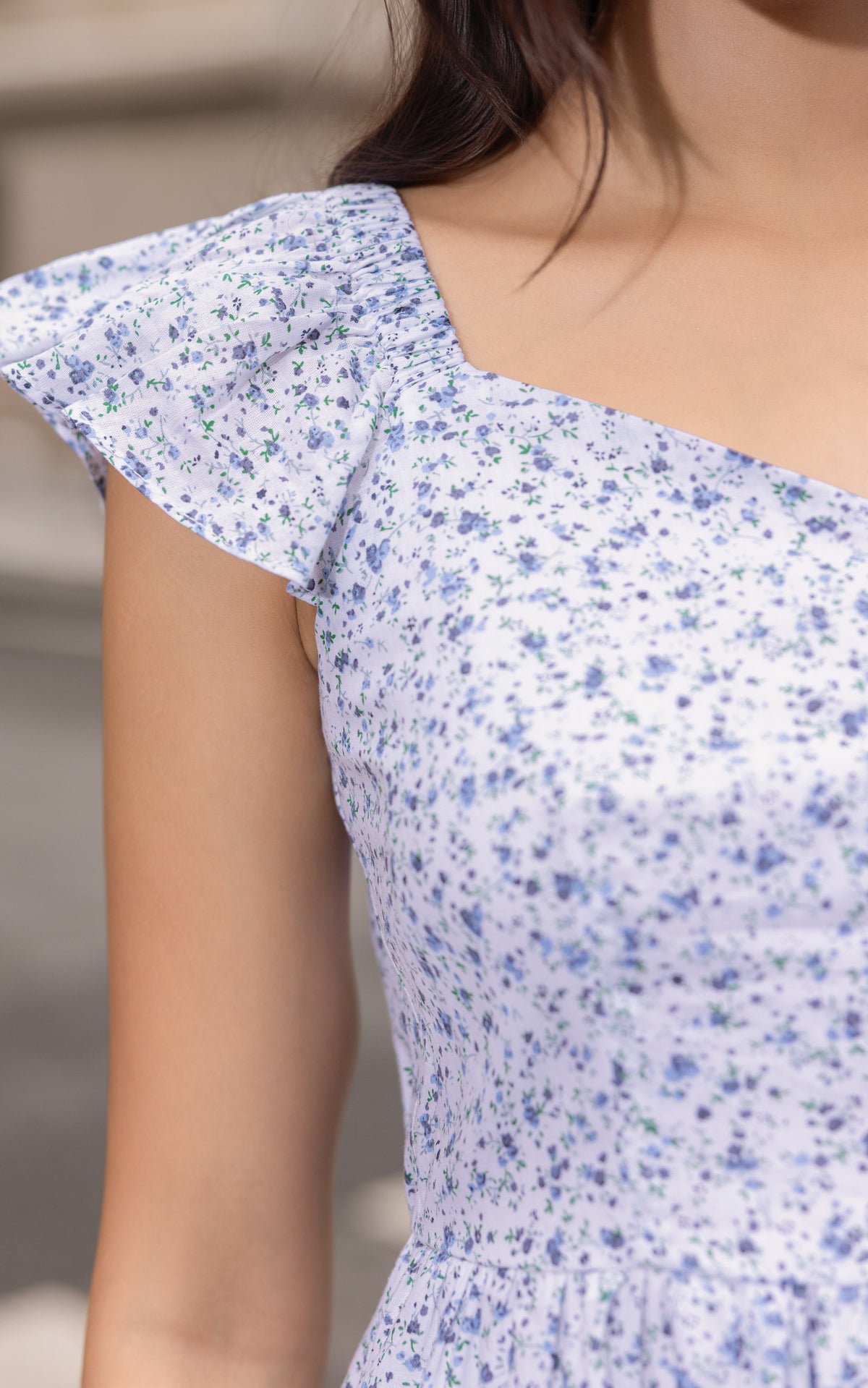 Valene Floral Flutter Sleeves Dress in Blue