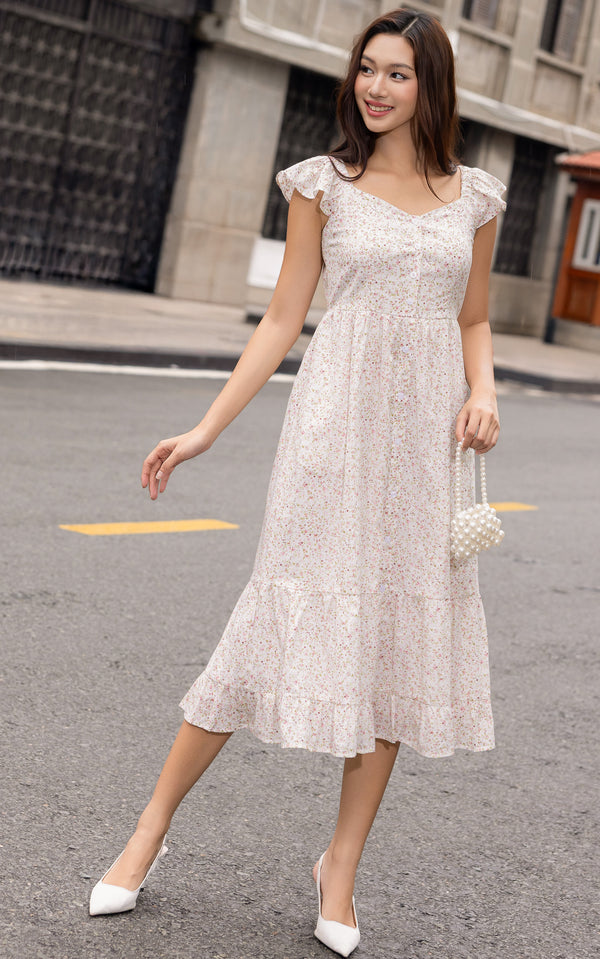 Valene Floral Flutter Sleeves Dress in Peach
