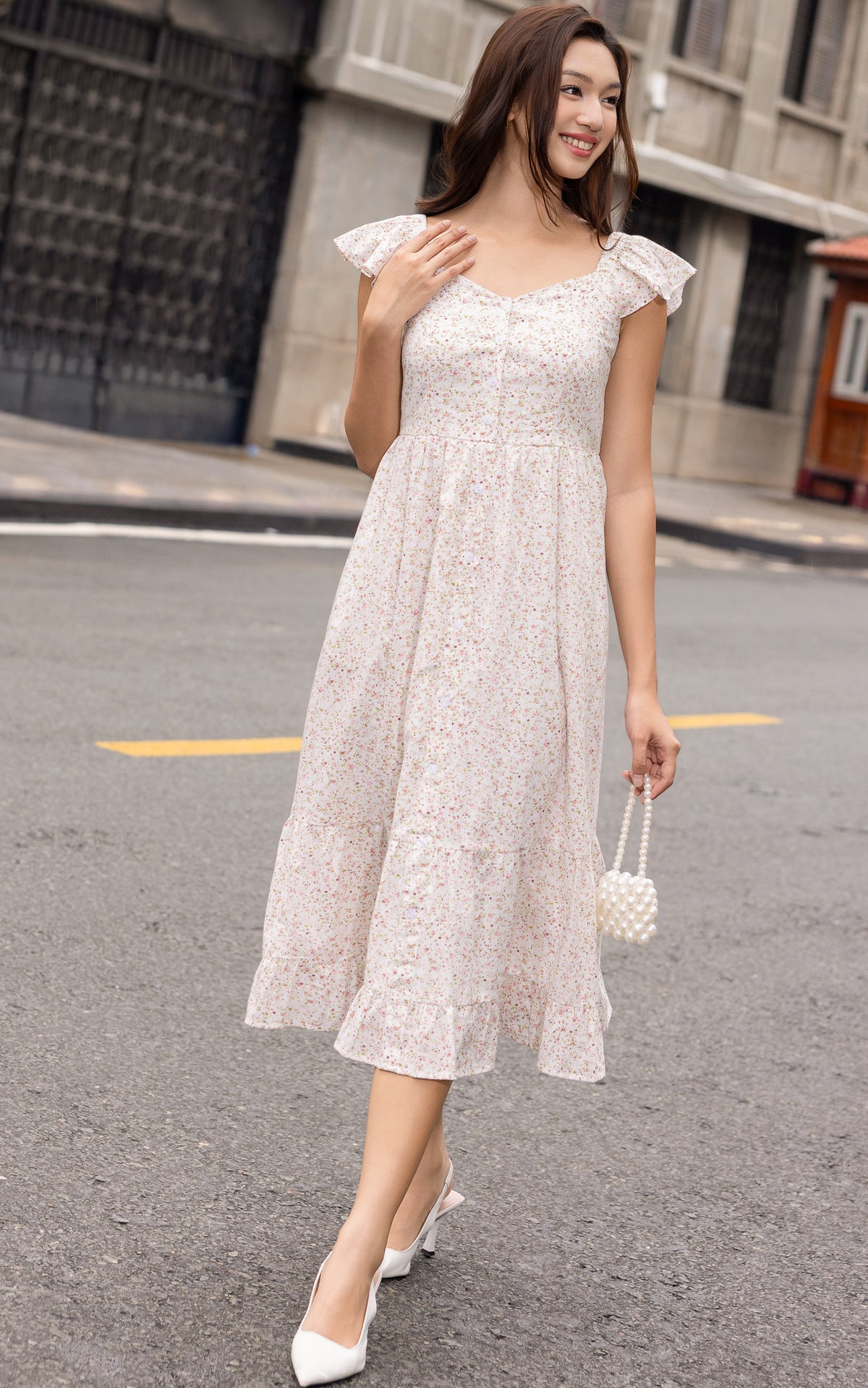 Valene Floral Flutter Sleeves Dress in Peach