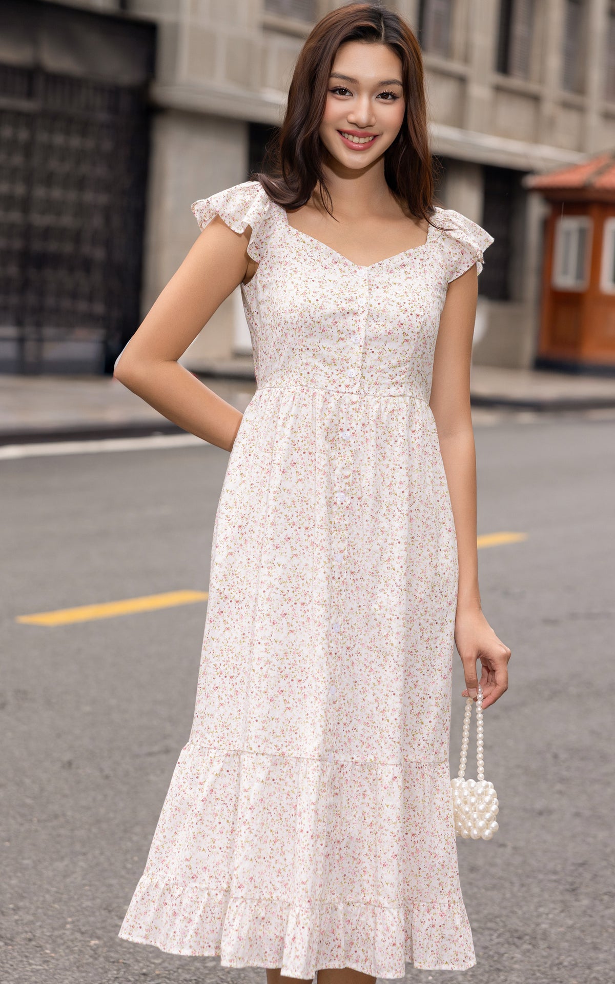 Valene Floral Flutter Sleeves Dress in Peach