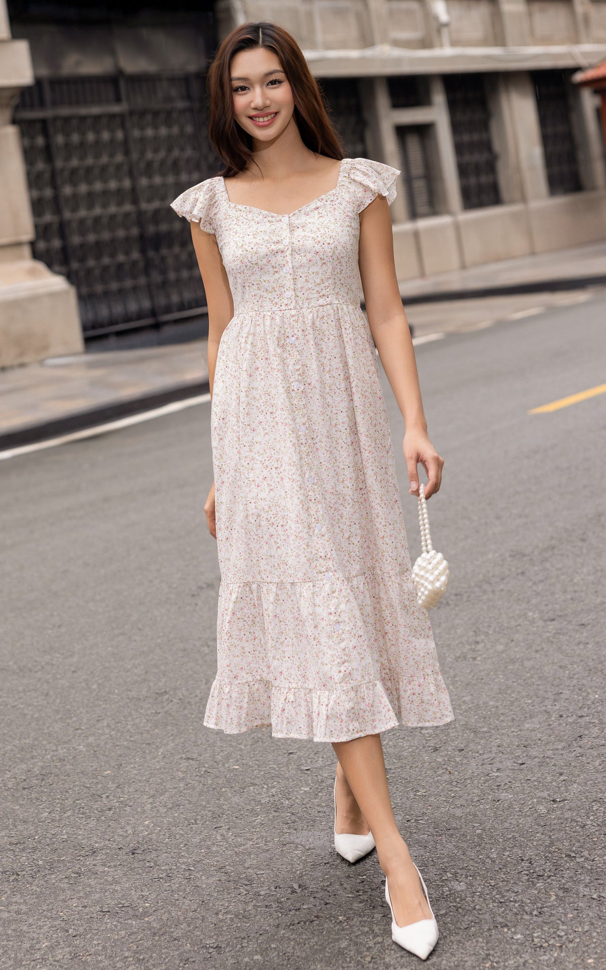 Valene Floral Flutter Sleeves Dress in Peach