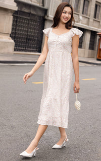 Valene Floral Flutter Sleeves Dress in Peach