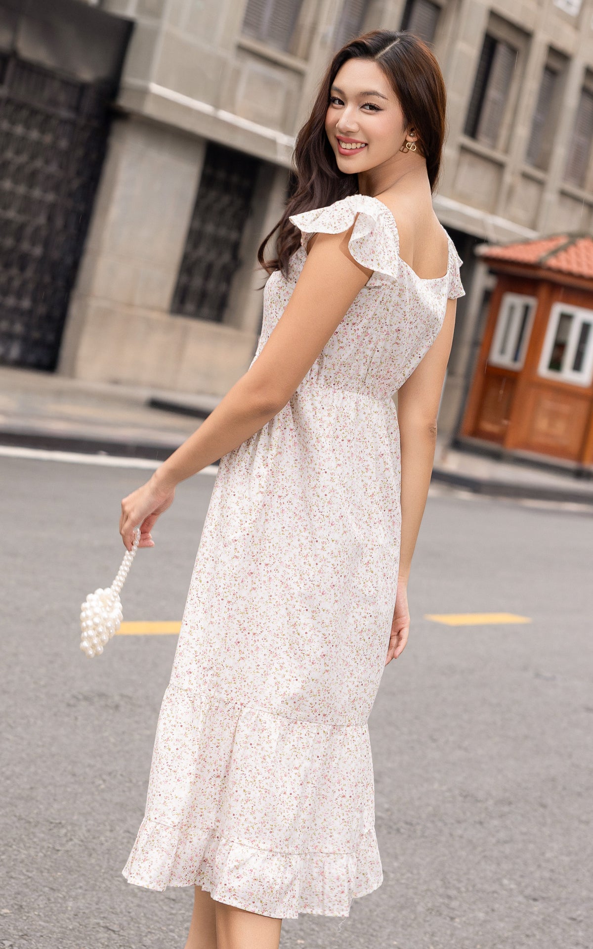Valene Floral Flutter Sleeves Dress in Peach