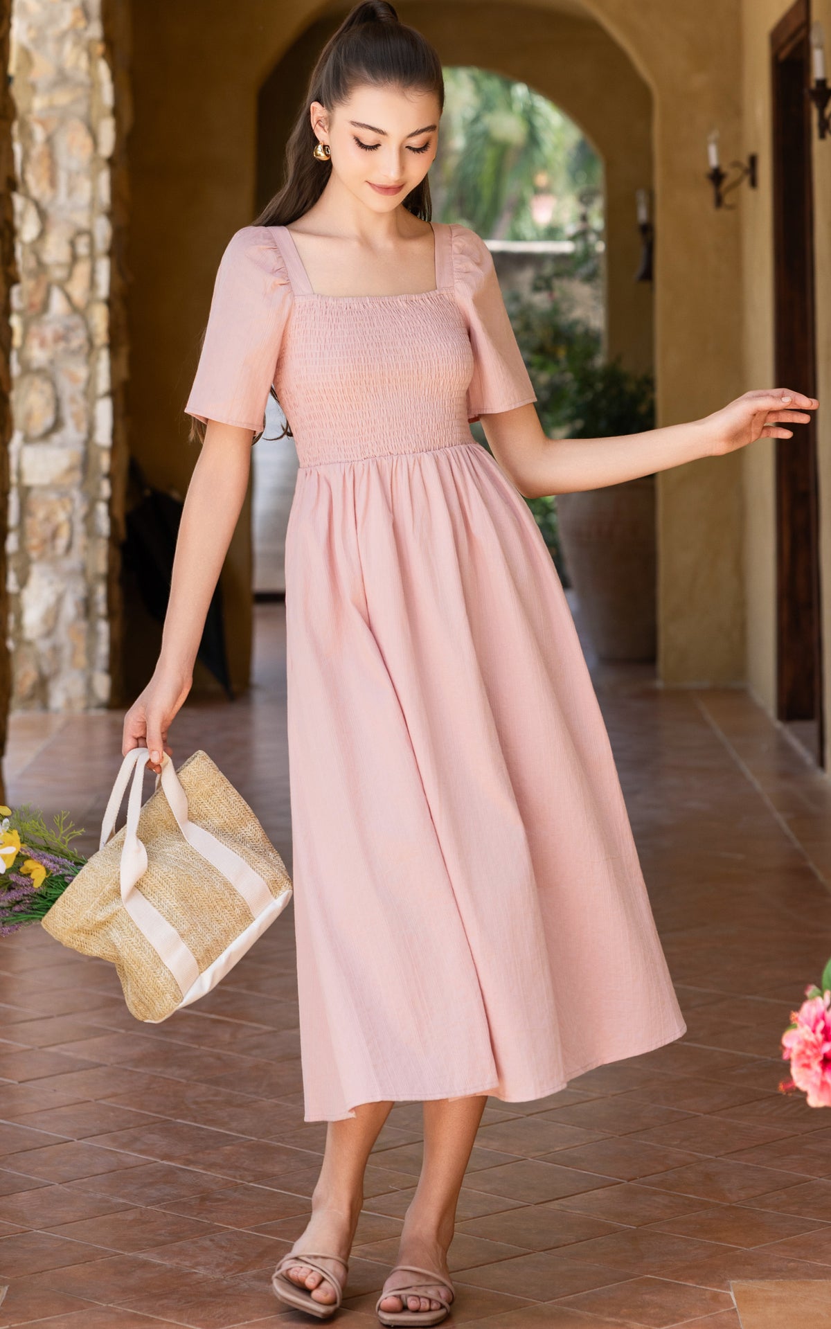 pink nursing dress Pink Mid Puff Sleeve Printed Jersey Nursing Midi Dress