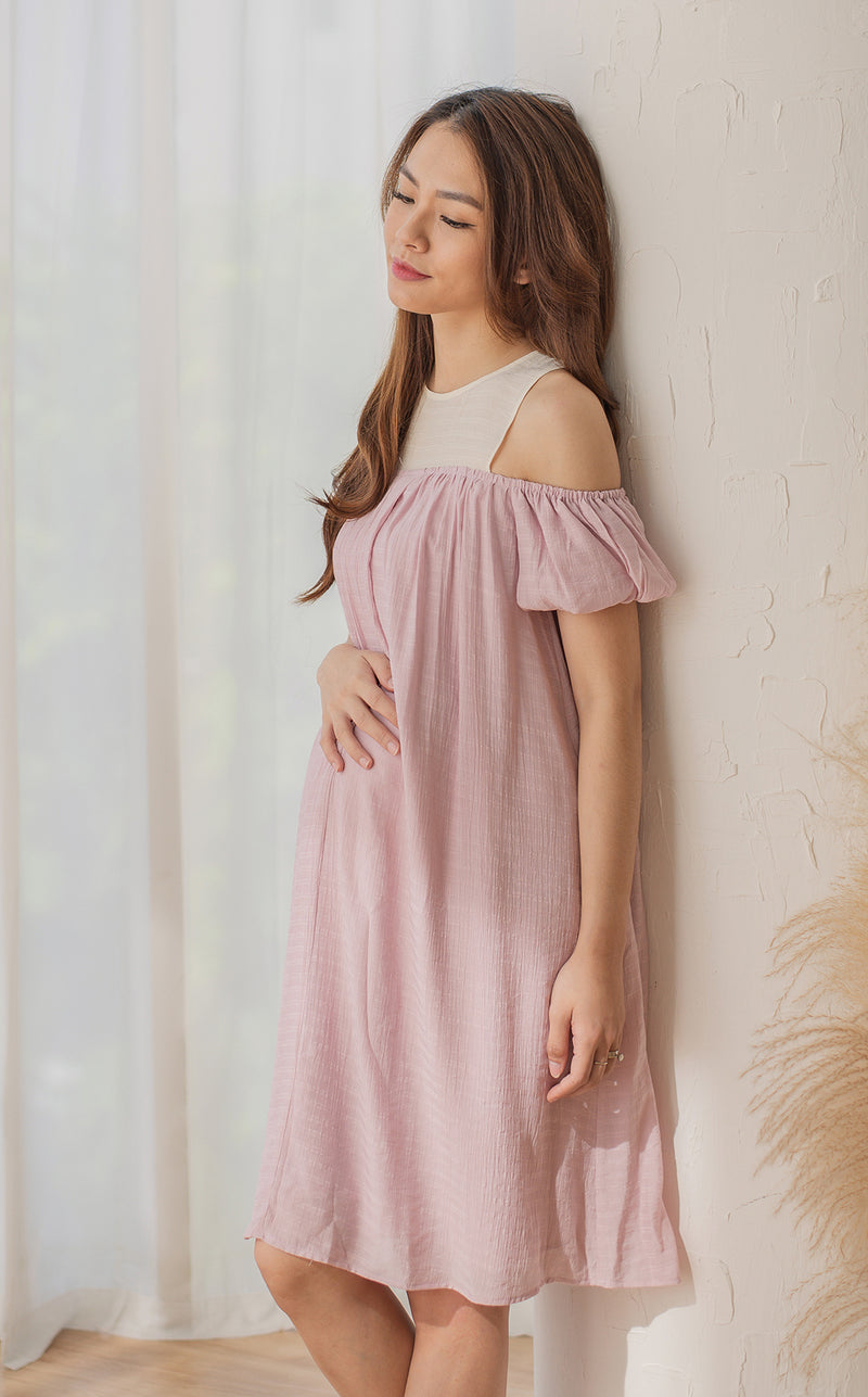 Elora Off Shoulder Nursing Dress in Blush