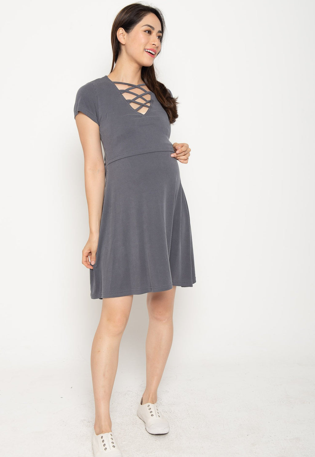 Ambar Crisscross Nursing Dress in Grey  by Jump Eat Cry - Maternity and nursing wear