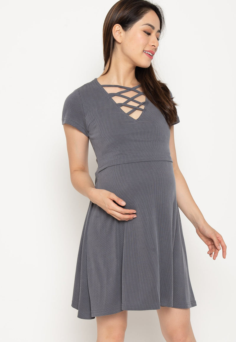 Ambar Crisscross Nursing Dress in Grey  by Jump Eat Cry - Maternity and nursing wear