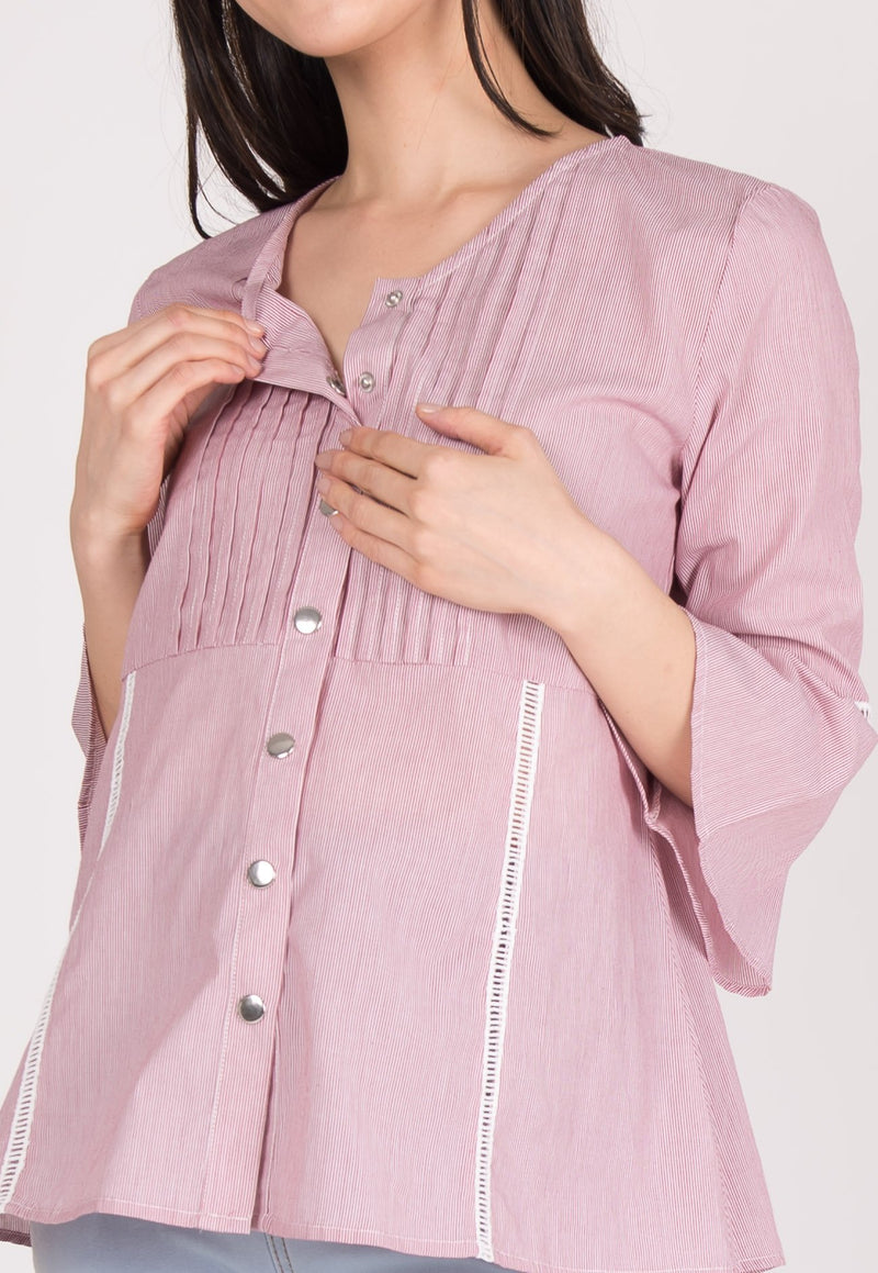 Cotton Pinstripe Nursing Top in Red  by Jump Eat Cry - Maternity and nursing wear