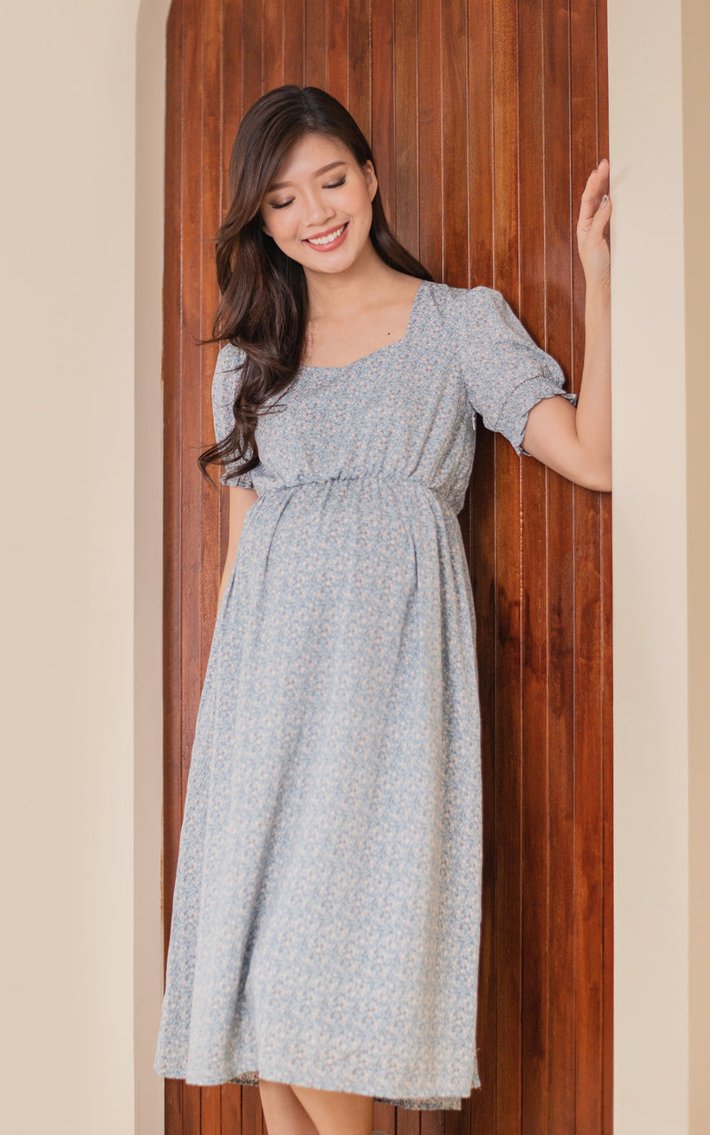 Fleurette Side Slit Nursing Dress in Blue