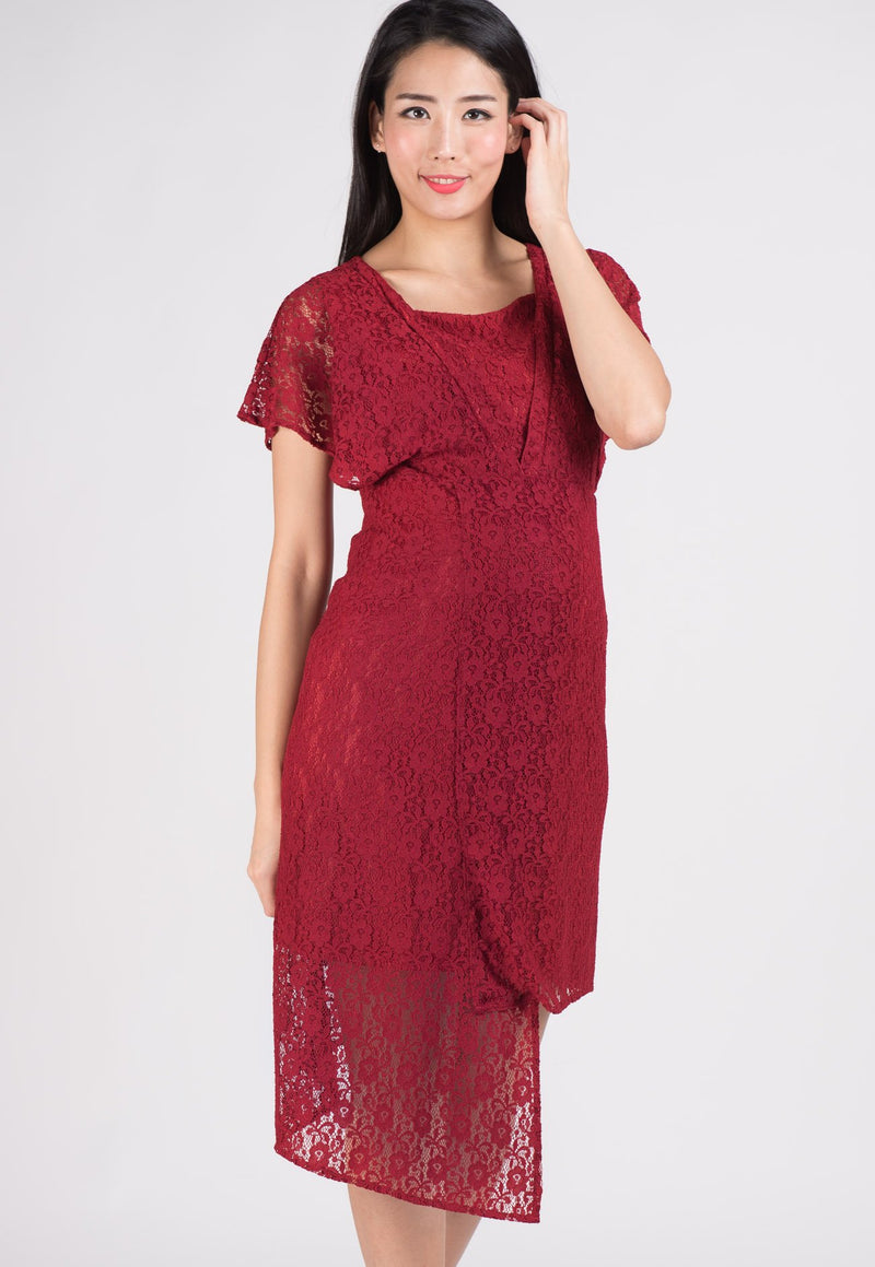 SALE Red Lace Hi Low Hem Nursing Dress  by Jump Eat Cry - Maternity and nursing wear