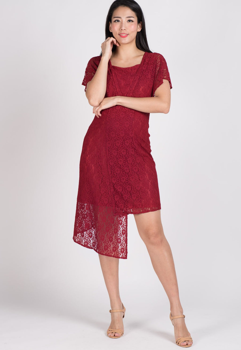 SALE Red Lace Hi Low Hem Nursing Dress  by Jump Eat Cry - Maternity and nursing wear