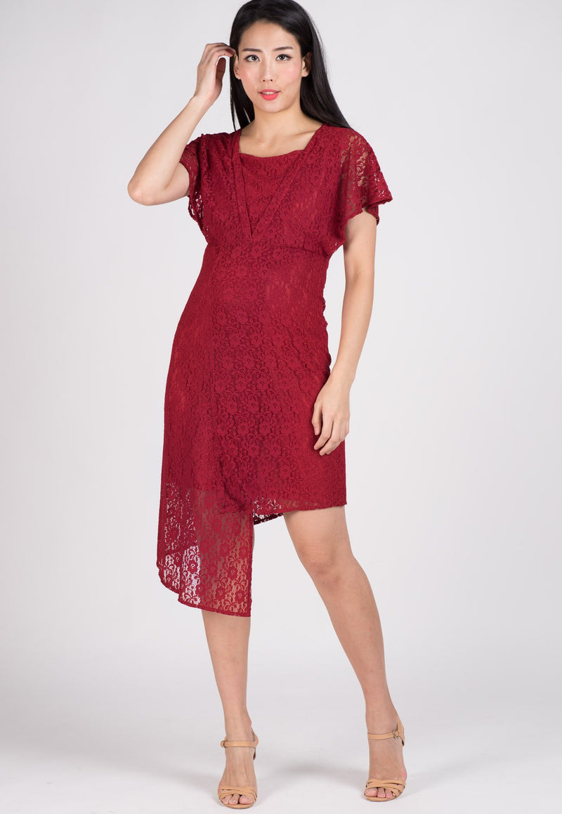 SALE Red Lace Hi Low Hem Nursing Dress  by Jump Eat Cry - Maternity and nursing wear