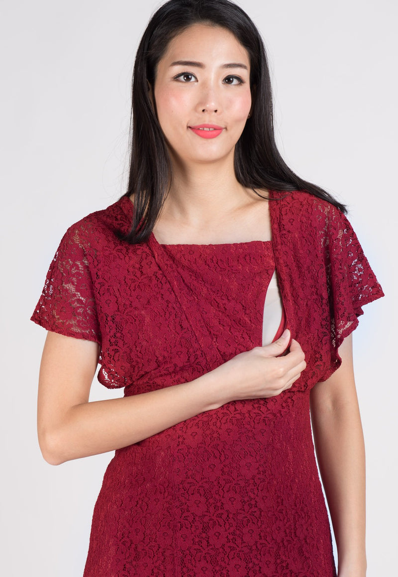 SALE Red Lace Hi Low Hem Nursing Dress  by Jump Eat Cry - Maternity and nursing wear