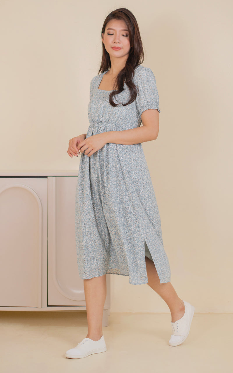 Fleurette Side Slit Nursing Dress in Blue
