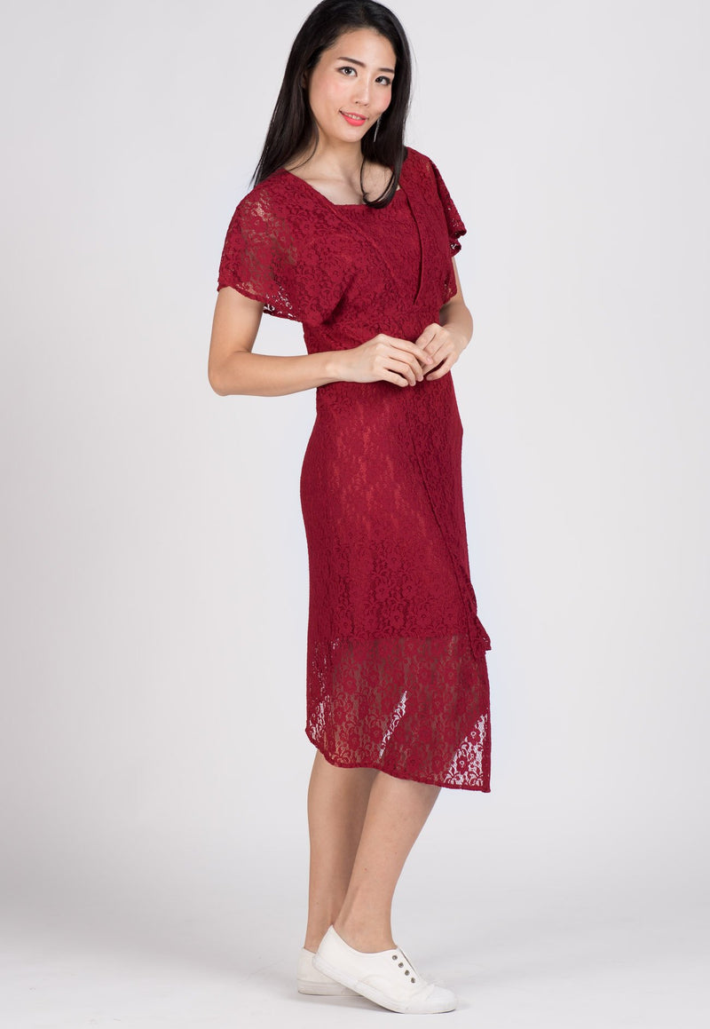 SALE Red Lace Hi Low Hem Nursing Dress  by Jump Eat Cry - Maternity and nursing wear