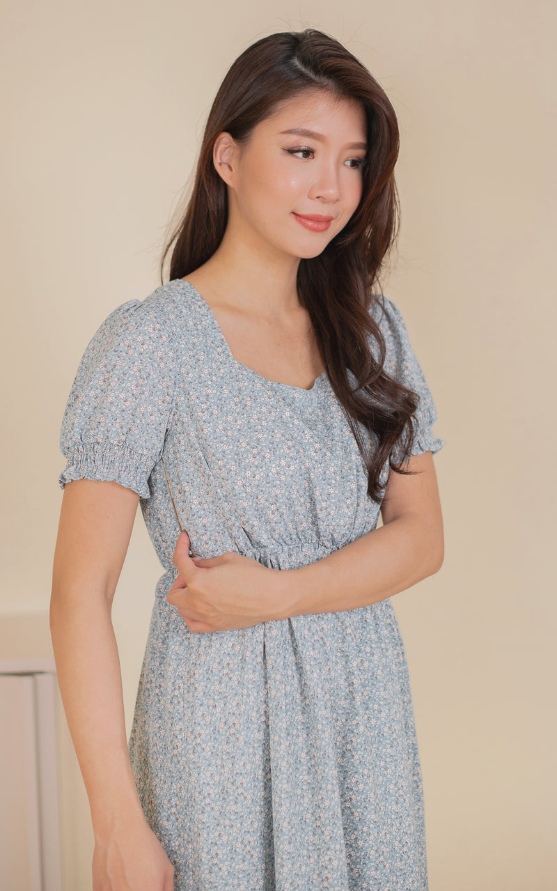 Fleurette Side Slit Nursing Dress in Blue
