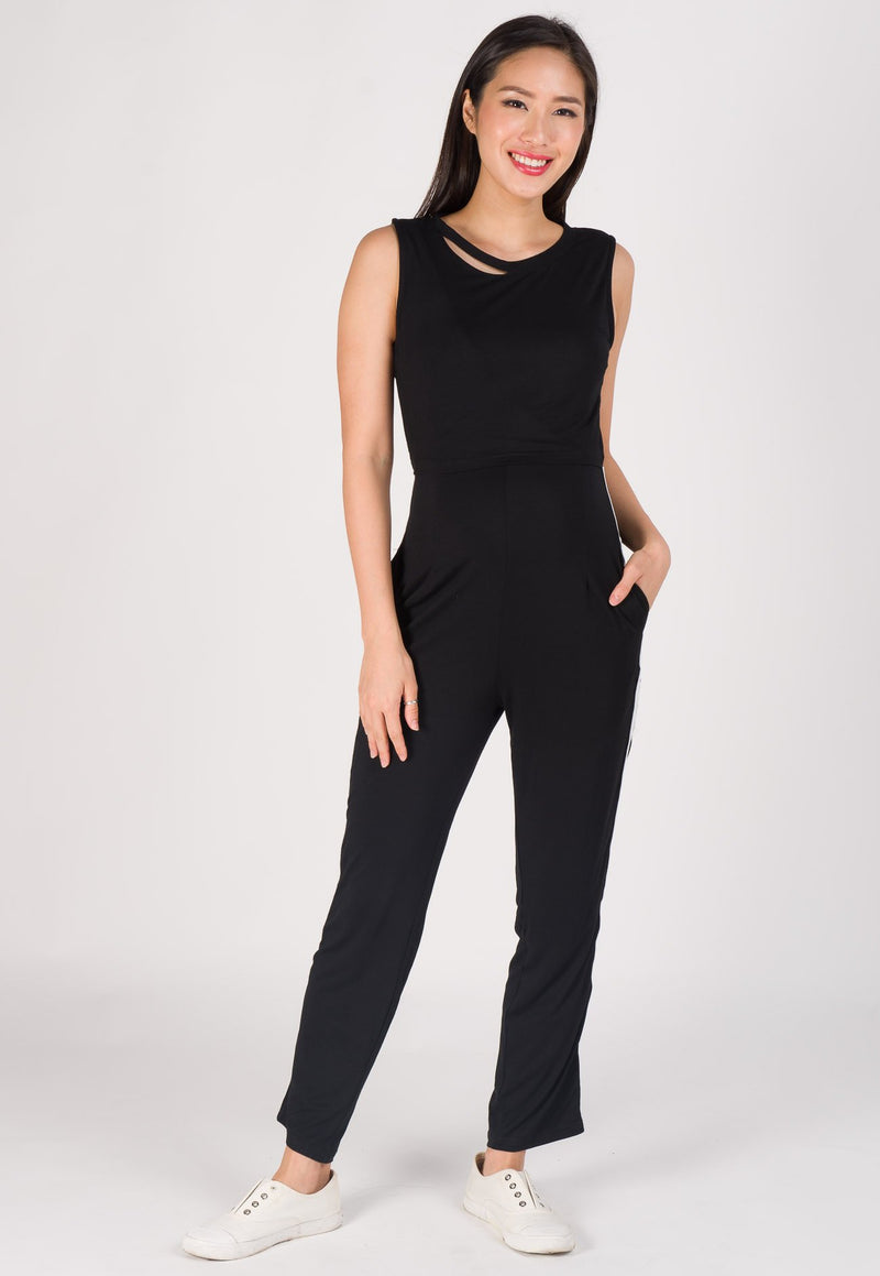 Sporty Side Band Nursing Jumpsuit in Black  by Jump Eat Cry - Maternity and nursing wear