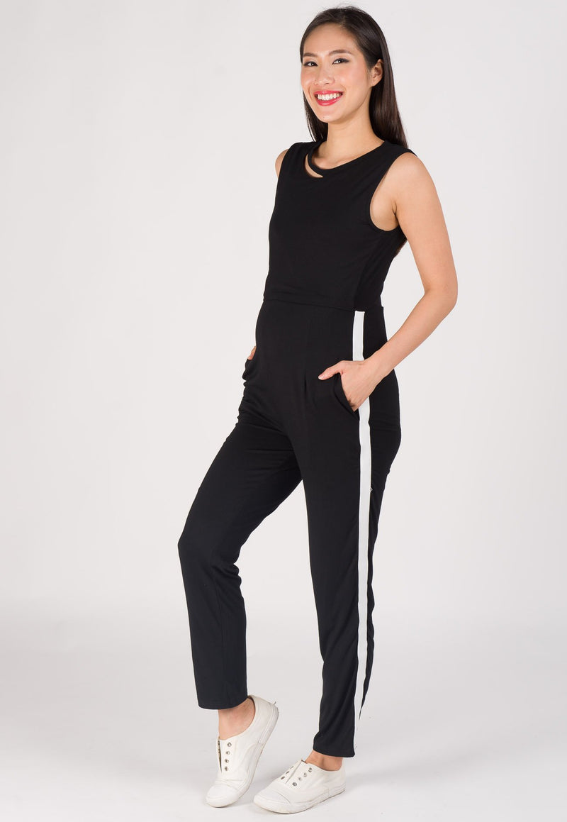 Sporty Side Band Nursing Jumpsuit in Black  by Jump Eat Cry - Maternity and nursing wear